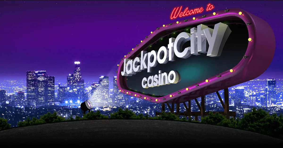 Jackpot City Casino sign and night city skyline